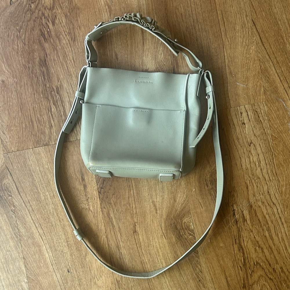 AllSaints Grey Leather Bag – Soft Sage Crossbody, Everyday Classic